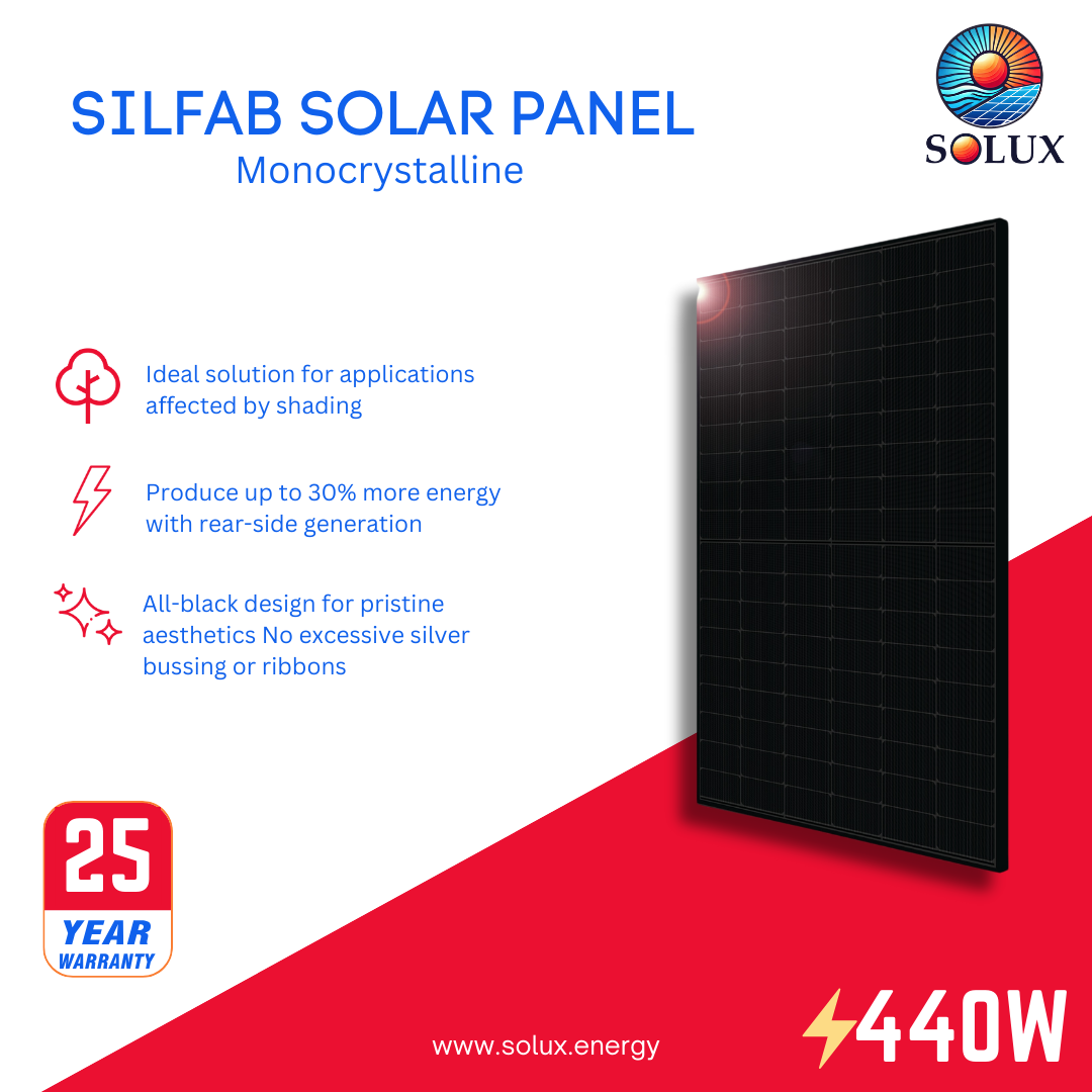 This is an image of Silfab SIL-440-QD 440Watt 108 Half-Cell All Black Solar Panels